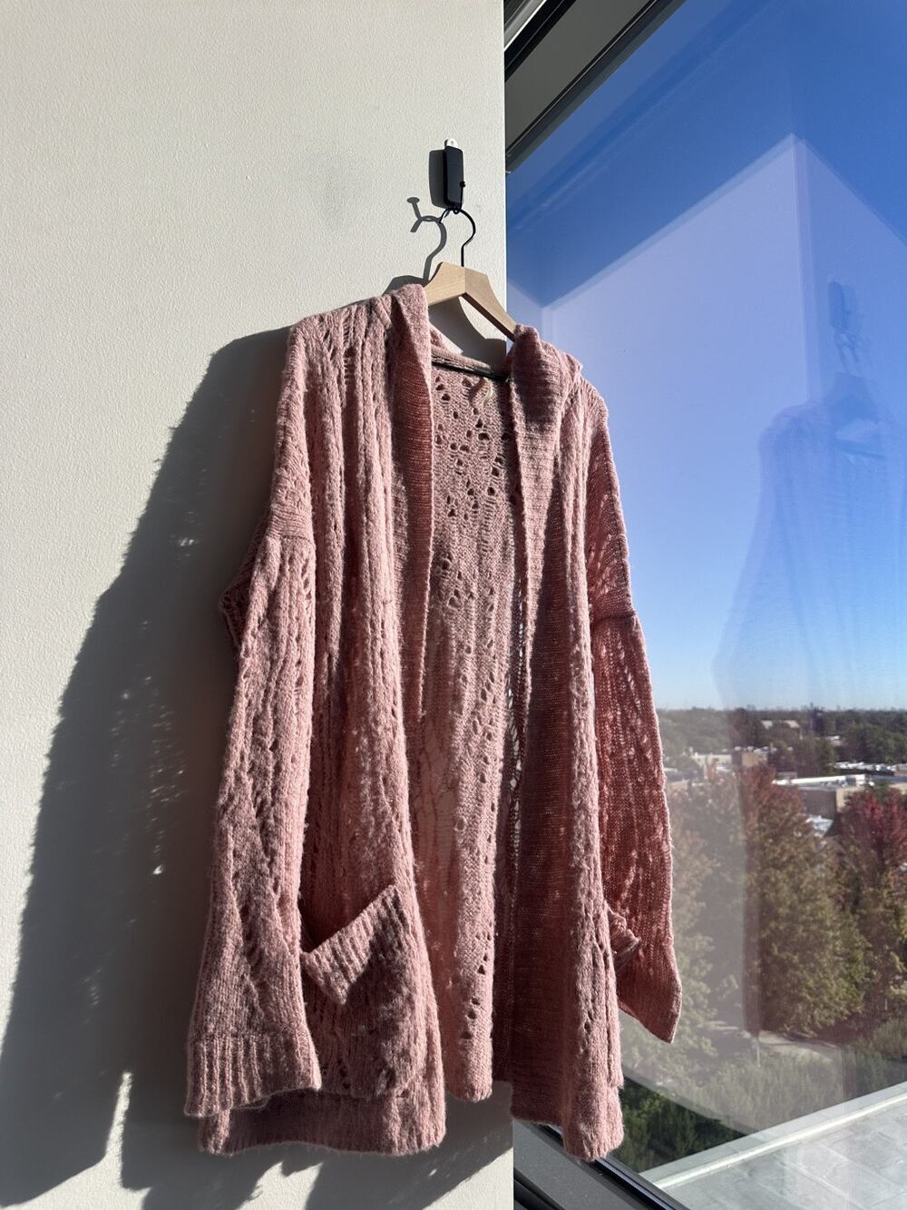 Free People Alpaca Blend Lemon Drop Hooded Pointelle-Knit Dusty Rose Cardigan XS